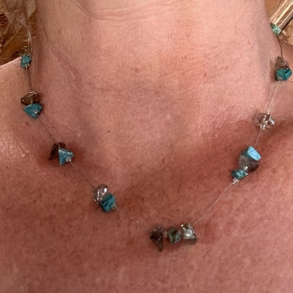 Turquoise and amethyst chip bead necklace on silver tone wire- handmade - Picture 4 of 9